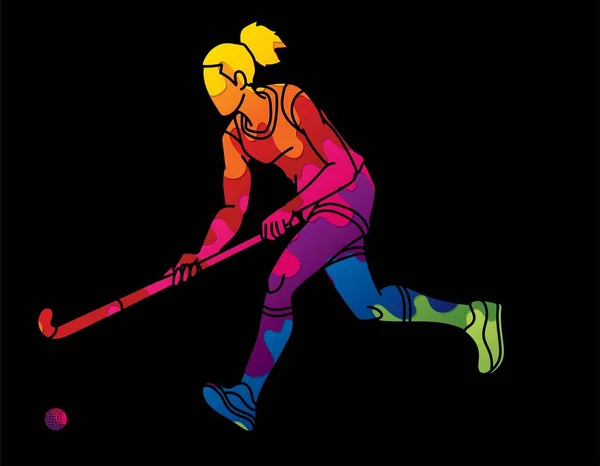 Veld Hockey Sport Vrouwelijke Speler Actie Tekenfilm Grafische Vector — Stockvector