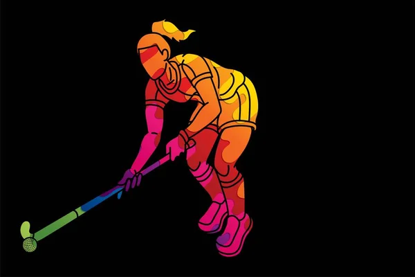 Hockey Prato Sport Giocatore Femminile Azione Cartoon Graphic Vector — Vettoriale Stock