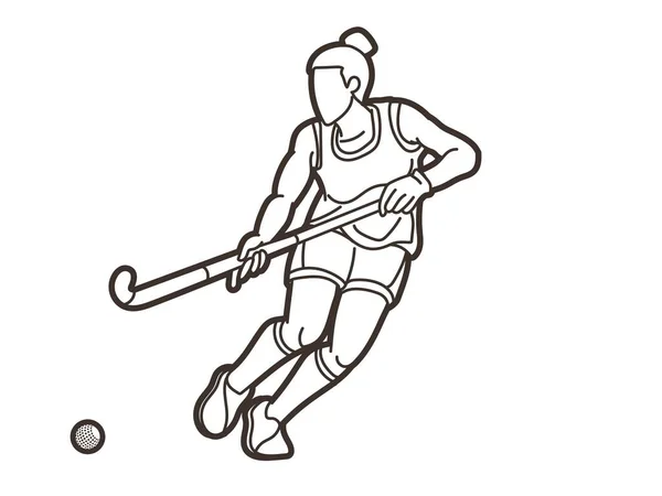Field Hockey Sport Female Player Action Cartoon Graphic Vector — Stock Vector