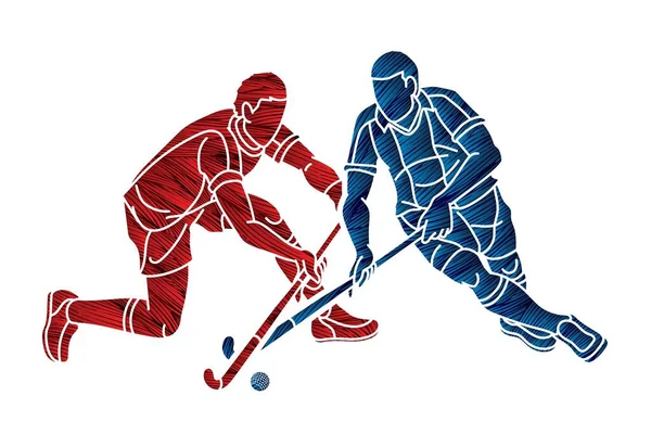Field Hockey Sport Team Male Players Action Together Cartoon Graphic — Stock Vector