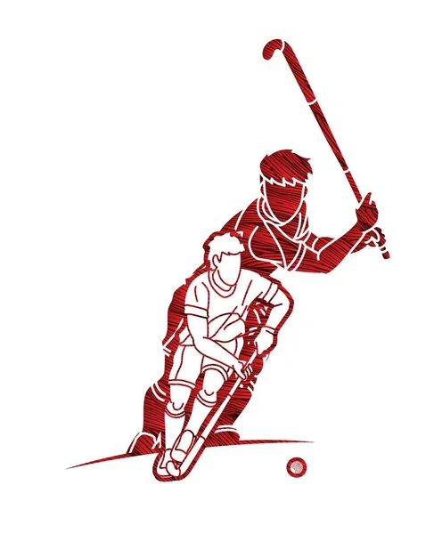 Field Hockey Sport Team Male Players Action Together Cartoon Graphic — Stock Vector