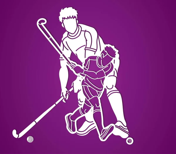 Field Hockey Sport Team Male Players Action Together Cartoon Graphic — Stock Vector