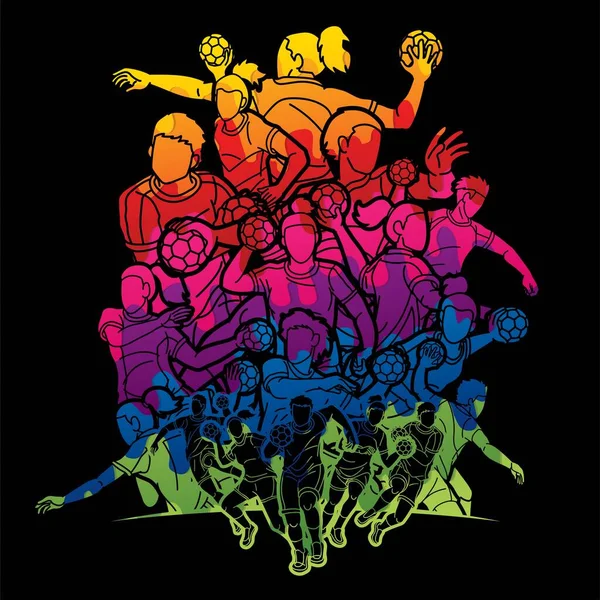 Group Handball Players Male Female Action Together Cartoon Sport Team — Stockový vektor