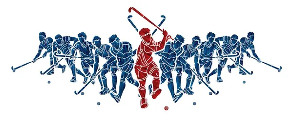 Field Hockey Sport Male Players Action Cartoon Graphic Vector — Stock Vector