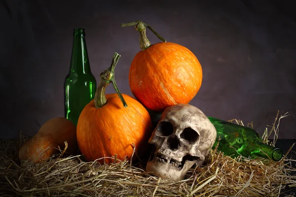 Fancy pumpkins with skull — Stock Photo, Image