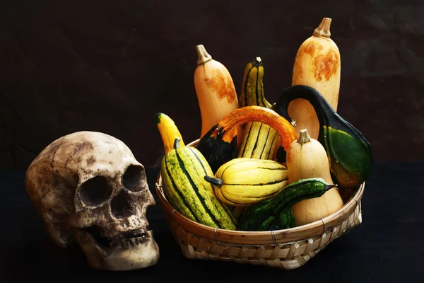 Fancy pumpkins in basket — Stock Photo, Image