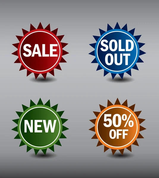 Kulaté štítky nebo samolepky na prodej, nové a vyprodané položky — Stockový vektor