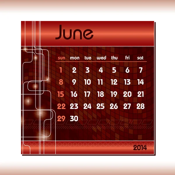 Calendario 2014. Junio . — Vector de stock
