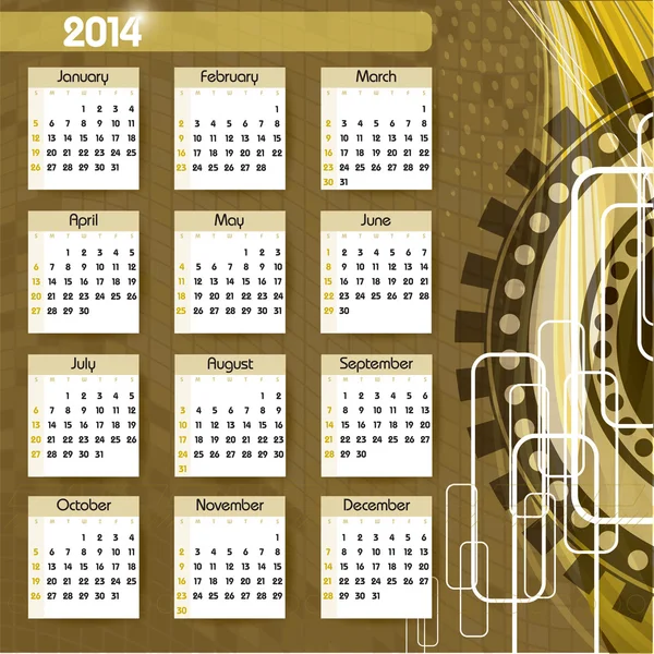 Calendário 2014. Ilustração Editável do Vetor . — Vetor de Stock