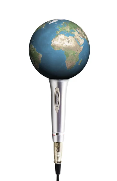 Planet earth in a silver microphone — Stock Photo, Image