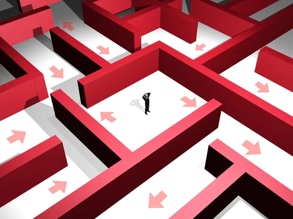 3d man lost in the midle of a red maze — Stock Photo, Image