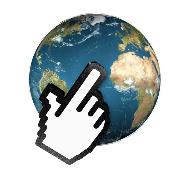 3d hand cursor clicking planet earth — Stock Photo, Image