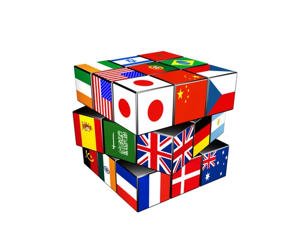 3D Puzzle Würfel mit Weltfahnen — Stockfoto