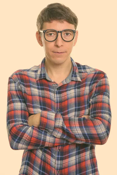 Estúdio Tiro Homem Hipster Com Cabelo Curto Isolado Contra Fundo — Fotografia de Stock