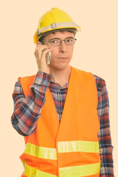 Studio Shot Skinny Man Construction Worker Isolated White Background — Stock Photo, Image