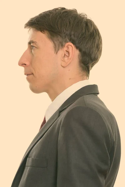 Студия Снимок Бизнесмена Короткими Волосами Носить Костюм Изолированы Белом Фоне — стоковое фото