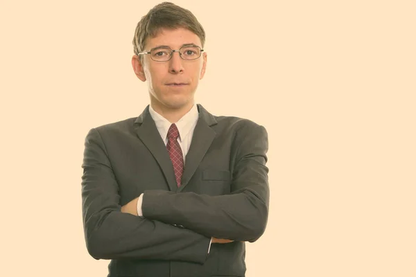 Studio Shot Businessman Short Hair Wearing Suit Isolated White Background — Stock Photo, Image