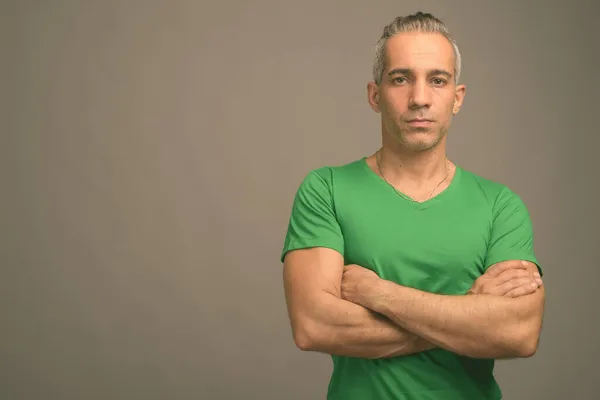 Studio Shot Handsome Persian Man Gray Hair Wearing Green Shirt — Stock Photo, Image