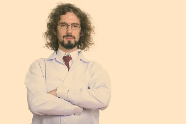 Studio Colpo Bello Barbuto Uomo Medico Con Capelli Ricci Isolati — Foto Stock