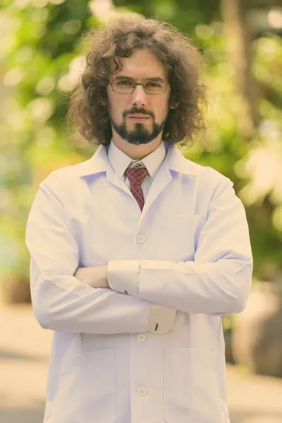 Portrait Handsome Bearded Man Doctor Curly Hair Outdoors — Stock Photo, Image