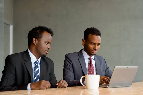 Two Young African Businessman Wearing Suit Tie Coffee Shop — Stock Photo, Image