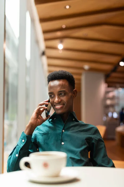 Portrait Handsome Young Black Man Coffee Shop — Stockfoto