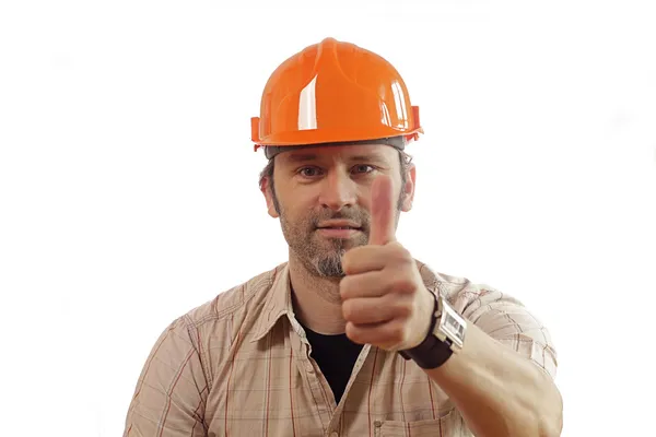 Trabalhador da construção com polegar para cima — Fotografia de Stock