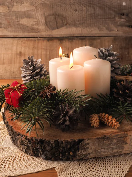 Second Advent One Candle Burning Rustic Wooden Table Christmas Decoratio — Stock Photo, Image