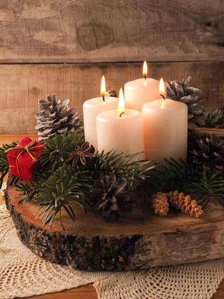 Fourth Advent One Candle Burning Rustic Wooden Table Christmas Decoration — Stock Photo, Image