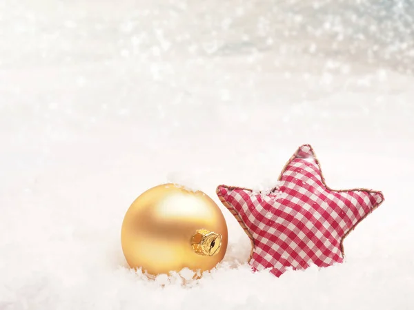 Golden Christmas Tree Ball Star Shape Snow Space Text — Stock Photo, Image