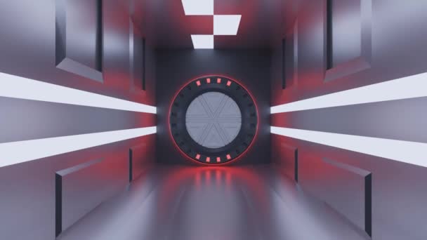 追踪镜头穿过一条灯火通明的走廊进入一个开放的气闸3D动画科幻小说背景介绍 — 图库视频影像