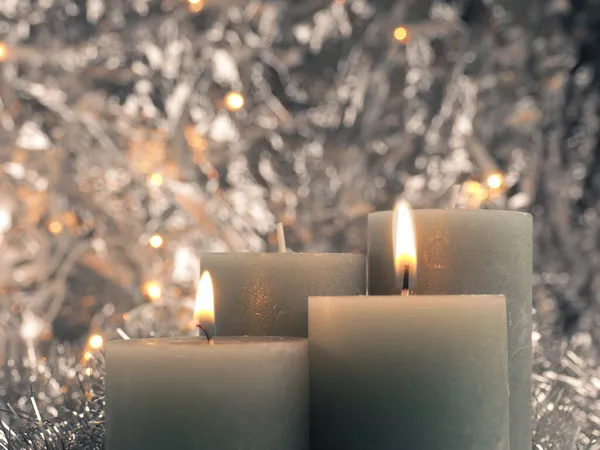 Second Advent Candle Burns Silver Background Text Free Space — Stock Photo, Image