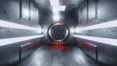 Aydınlatılmış bir koridorda çekilen çekim açık bir hava kilidine, 3 boyutlu animasyon, bilim kurgu arka planı, giriş. 