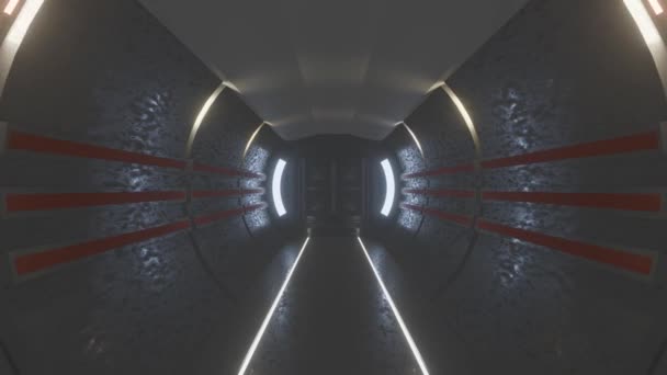 照明付きの廊下からオープンエアロック 3Dアニメーション サイエンスフィクションの背景 イントロまでのトラッキング — ストック動画