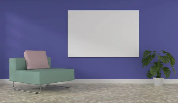 Chambre Moderne Puriste Avec Une Chaise Verte Relax Mur Violet — Photo