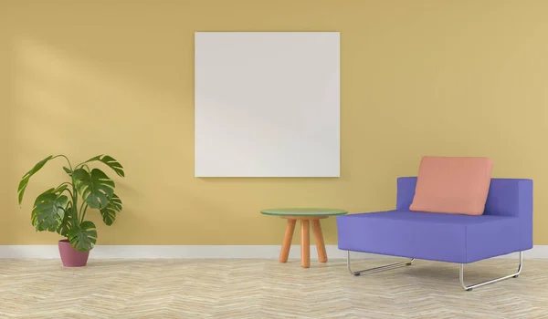 Modern Puristic Room Purple Relax Chair Yellow Wall Color Year — Stock Photo, Image