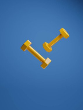 Mavi arkaplanda iki sarı dambıl, metin veya resim için boşluk, 3D görüntüleme