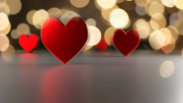 Red heart shapes with bokeh effect and reflections, 3d rendering, love or Valentines day concept