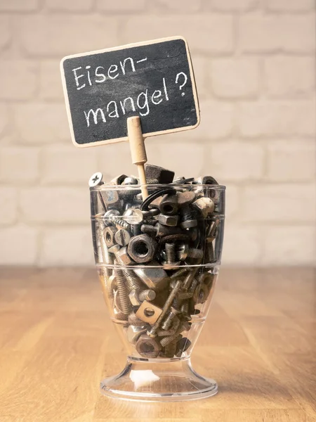 German Words Iron Deficiency Small Blackboard Glass Bolts Nuts Health — Fotografie, imagine de stoc