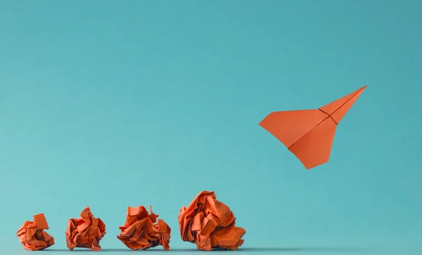 New Ideas Transformation Concept Crumpled Paper Balls Paper Plane Teamwork — Stok fotoğraf