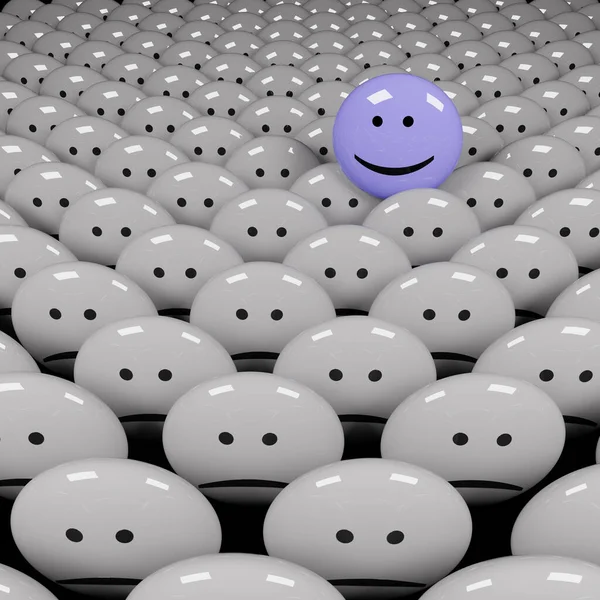 Many gray unhappy faces with one violet bluish happy face, be happy, be unique, 3d rendering