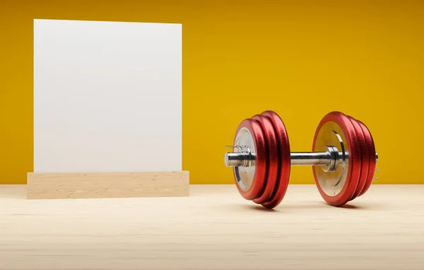 Red Steel Dumbbells Yellow Background Space Your Text Image Rendering — Stock Photo, Image