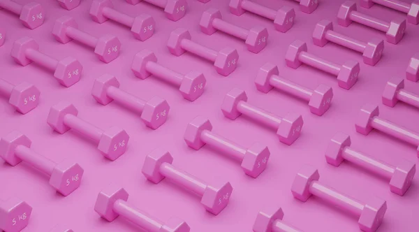 Много Розовых Гантели Подряд Желтом Фоне Спортивная Концепция Рендеринг — стоковое фото