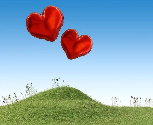 Травянистый Холм Двумя Шарами Форме Красного Сердца Голубом Небе Рендеринг — стоковое фото
