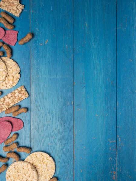 Organic Crackers Lentils Beet Nuts Corn Frame Wooden Background Space — Stock Photo, Image