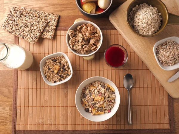 Rich Breakfast Organic Cereals Ingredients Wooden Table Healthy Food Concept — Stock Photo, Image