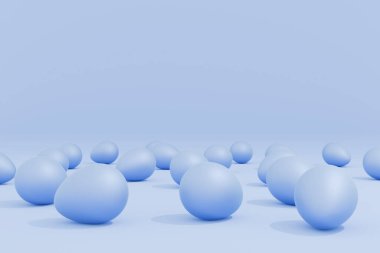 Mavi arka planda birçok mavi Paskalya yumurtası, modern Paskalya arkaplanı, 3D rendeleme