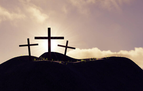 Три креста на холме, воскресение Иисуса Христа, распятие, 3D рендеринг