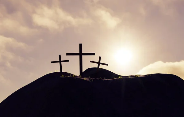 Trzy Krzyże Wzgórzu Zmartwychwstanie Jezusa Chrystusa Ukrzyżowanie Renderowanie — Zdjęcie stockowe