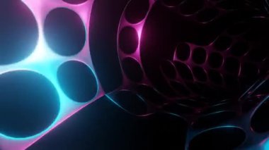 Bilim kurgu arka planı, kusursuz döngü, 3D animasyon kullanarak, mavi ve pembe ışıklarla soyut ağ boyunca uçmak